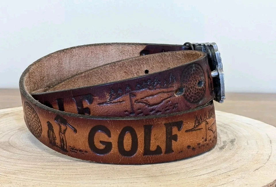Cinturón de cuero y hebilla esmaltada de peltre GOLF vintage cuero de vaca en relieve se adapta a 36"-42" Foto 2 de 4