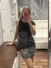 Alice + Olivia Black Sequin Silk Dress Size S Medium Assymetric Sleeves