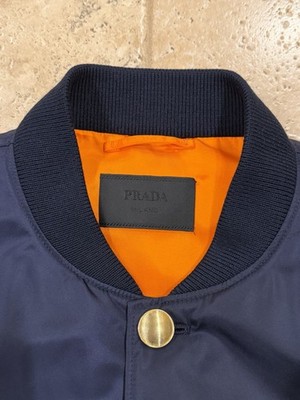 Prada Re-Nylon Gold Logo Navy Blue Oversized Bomber Jacket | eBay