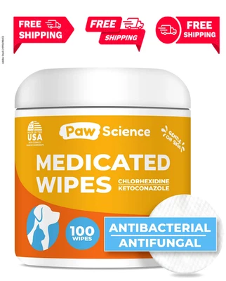 PAW SCIENCE Antibacterial & Antifungal Medicated Wipes for Dogs and Cats – 100 Count