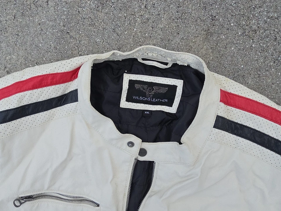 Wilsons Faux Leather White Jacket Medium Red Blue Stripes Motorcycle Moto - Image 2 of 4
