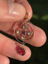 9ct Gold Period Art Nouveau Amethyst & Seed Pearl Pendant 1.4 Grams