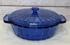 Anchor Hocking Ribbed Casserole Dish 2 Qt w Lid Sapphire Blue Glass Round Vtg