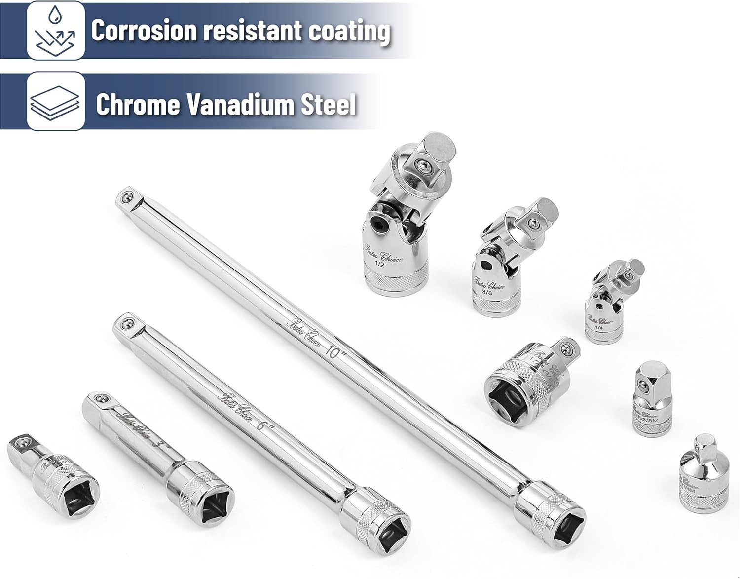 Bates 10-Piece Chrome Vanadium Socket Accessory Set - Versatile Extension Tools