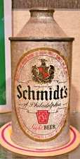 1940'S SCHMIDT'S OF PHILADELPHIA LIGHT IRTP HIGH PROFILE CONE TOP BEER CAN PA