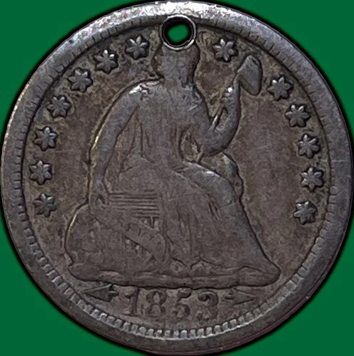 1853 Arrows Seated Liberty Half Dime Fine F Coin, Holed #35510