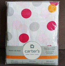 Carter's Baby Woven Crib Sheet White with Pink  Gray Dots Cotton