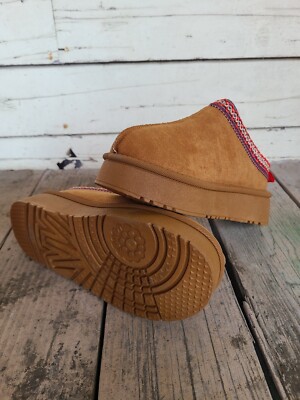 New Brown Slip-On Fur-Lined Boot Slippers with Red Trim PLATFORM- Cozy & Stylish