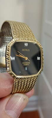 BENRUS DIAMOND Vintage Men`s Watch SWISS Quartz Gold Tone 28 mm
