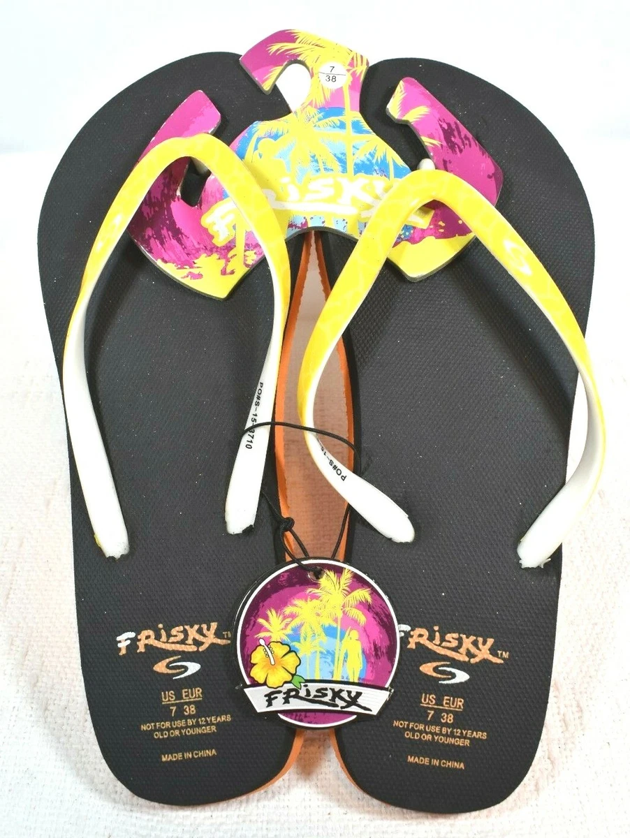 Frisky Flip Flops Black Sole w Orange Bottom Sole Yellow White