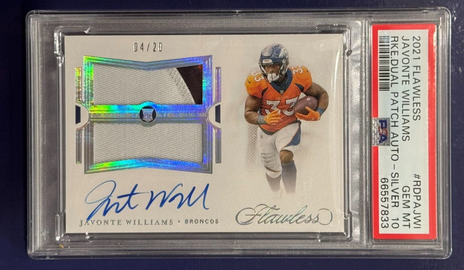 Javonte Williams Panini Flawless Rookie Dual Patch Autograph #RDPAJWI Silver
