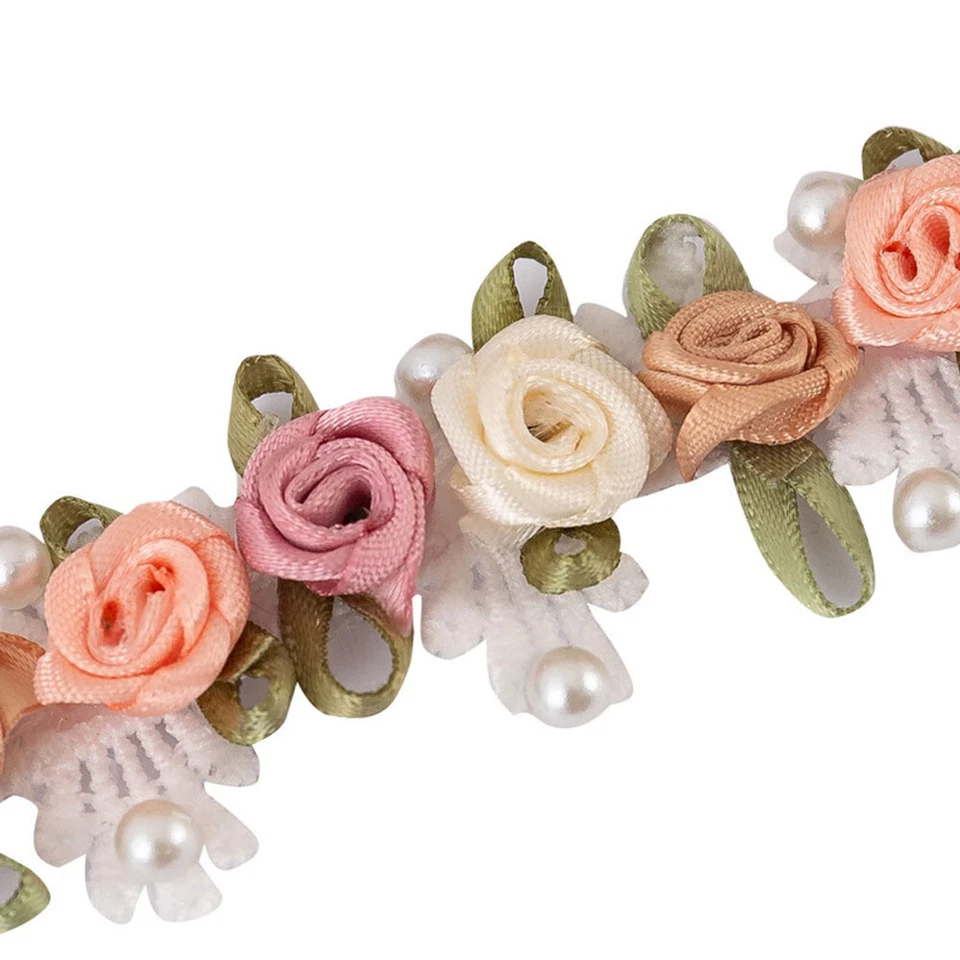 1-5 yards Embroidered Flower Pearl Beads Lace Trim Ribbon Applique Sewing Craft - Image 3 of 4