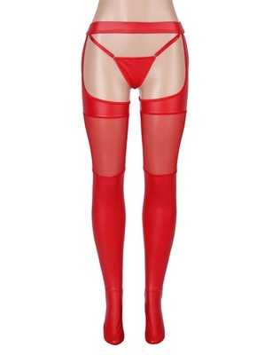WOW BABE rote Kunstleder Mesh Cut Out Strumpfhose halterlose Strümpfe Größe 2XL