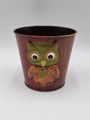 Vintage Owl Planter Metal Bucket Owl Lovers Fall Season Vibes Folk Art 5.5'' New