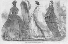 1864 Antique Print - LADIES PARIS FASHION Winter Dresses Capes Bonnets Hats (22)