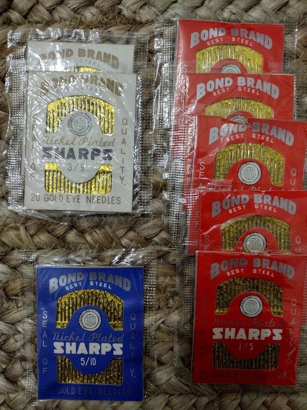 8 pks unopened Vintage Bond Brand "Sharps" hand sewing needles, sizes 1 - 10