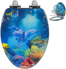 Elongated Ocean Resin Toilet Seat, Soft Close Quick Release Metal Zinc Alloy Hin