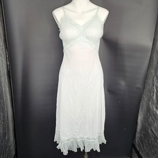 Vintage 70s Full Slip Dress Medium 36A Green Nylon Lace Pleated Hem Lingerie