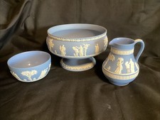 Wedgwood Jasper-ware Blue Pedestal Fruit Bowl + 5” Jug & Bowl Ex Cond