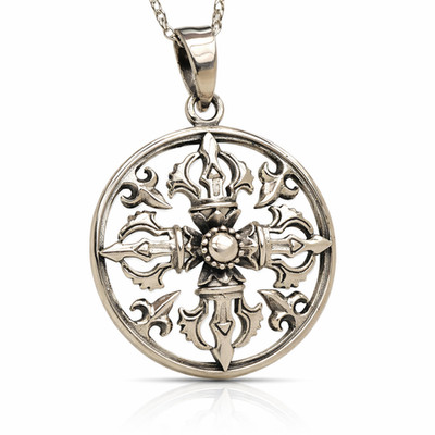 Dorje Anhänger Schild Vejra 925 Sterlingsilber 18 Zoll Rolo Halskette Amulett...