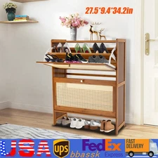 Rattan Shoe Cabinet 2 Flip Drawers Shoe Rack Storage Organizer for Entryway Home