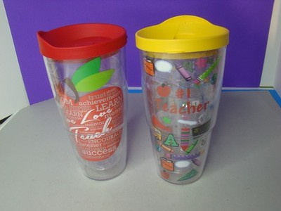 Pair of 24 oz Tervis Double Walled Tumbler Teacher themed with lids Live Love