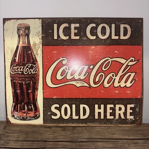 Vintage Style Coca-Cola Metal Tin Sign - Ice Cold Sold Here 1916 Bottle Design