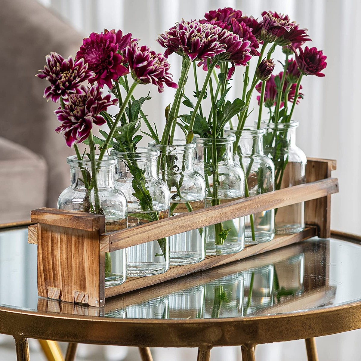 Beautiful Glass Flower Vase with Wooden Plant Stand Bud Vases