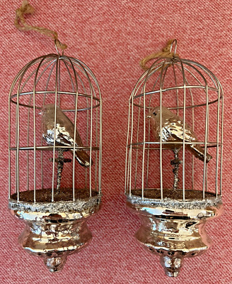 * Paar Silber Quecksilber Glas Vogel Metall Käfig Glitzer Akzent Weihnachtsschmuck