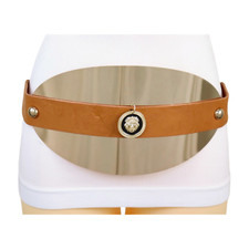 Women Brown Elastic Day Night Belt Big Gold Metal Oval Plate Lion Coin Charm S M