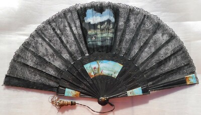 FAN EVENTAIL IMPORTANT OLD CARVED AND PAINTED WOOD STICKS AND LACE HAND