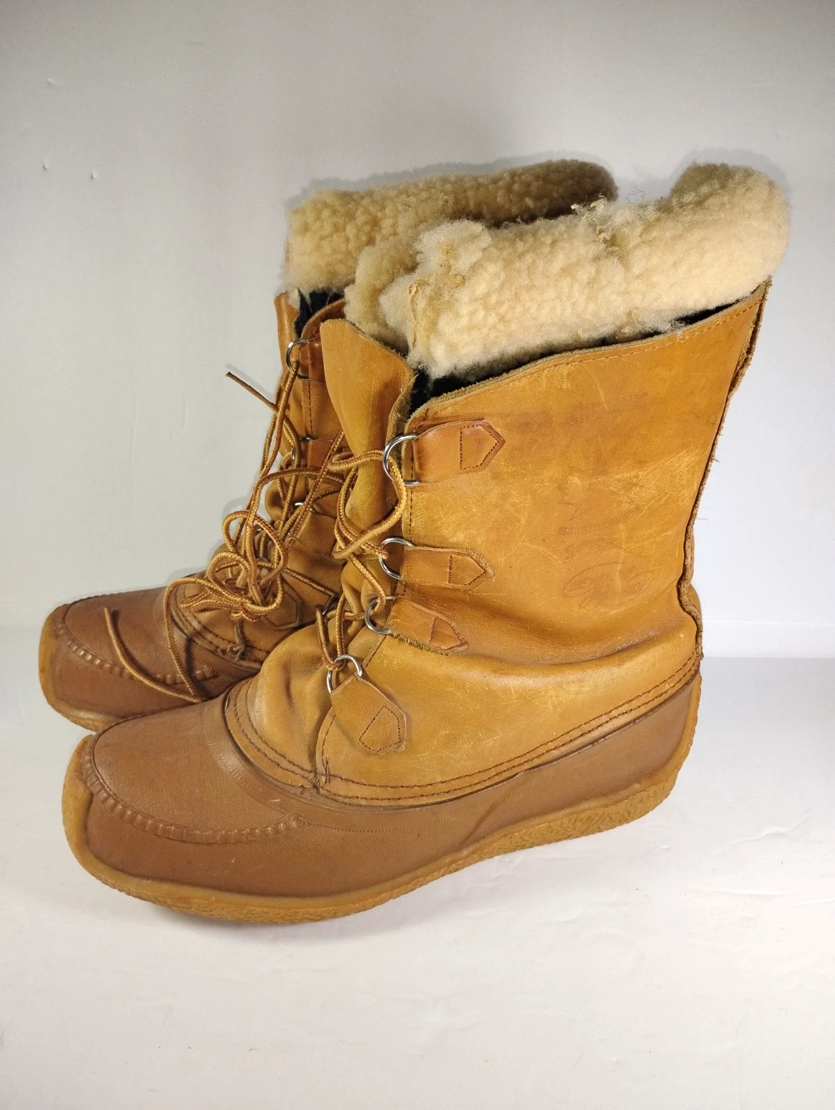 Sorel Kaufman Chugalug Winter Snow Boots Buff Mens 8 Vintage Leather Canada FLAW