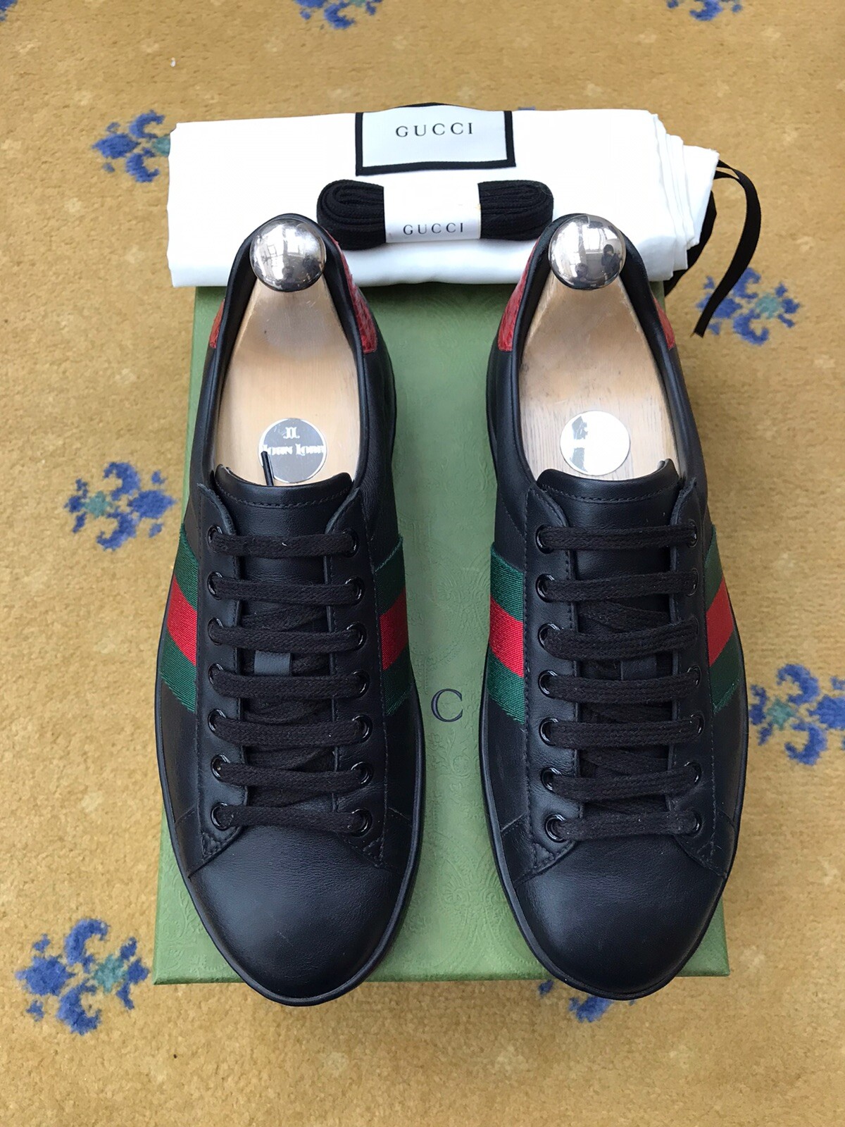 Gucci Ace Trainers Sneaker Shoes Leather Black Web Green Red Mens UK 5 US 6 39 thumbnail 2