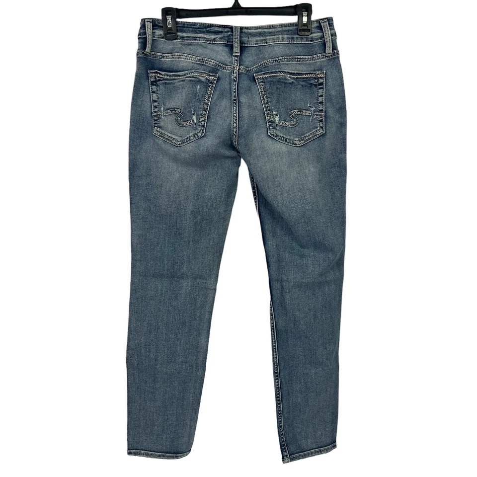 Pantalones de mezclilla para mujer PLATEADOS azul novio talla 7/8 lavado medio desgastados elásticos Foto 3 de 4