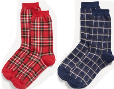 Old Navy Women s  Crew Socks ~ 2 Pair Navy Plaid & Red Plaid ~ NWT