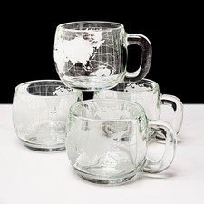 Vintage Set of 4 Nestle World Map Globe Etched Glasses Glass Coffee Mugs Cups