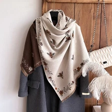 Warm Reversible Bee Floral Scarf Shawl Wrap Beige Brown Polyester Cashmere Feel