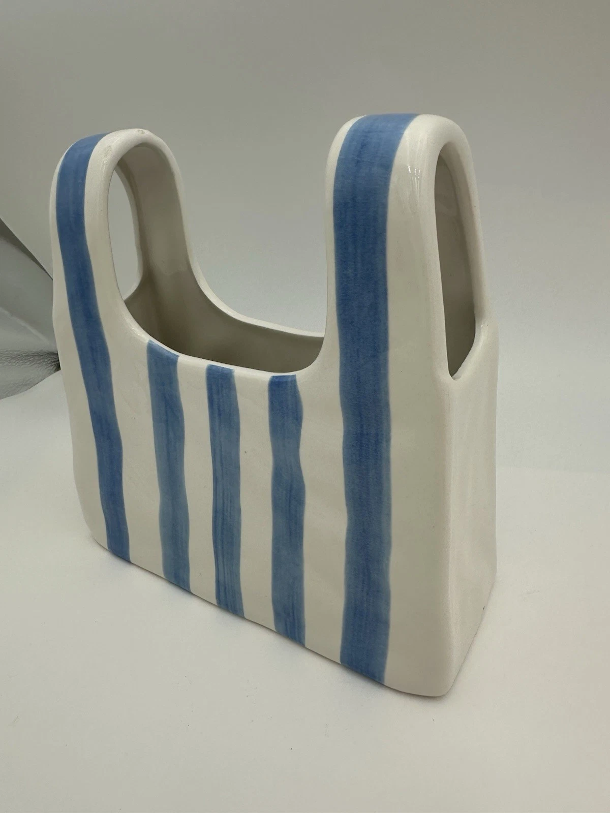Room Room Blue Stripe Ceramic Tote Vase Modern Coastal Sculptural Decor