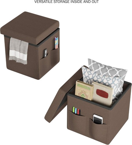 Set of 2 Ottomans with Storage Pockets - 15-Inch Cube Ottoman, Linen Brown - Picture 3 of 8