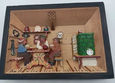 Vtg German Hand Made Wooden Gambling Card Game Diorama 3-D Wood Shadow Box