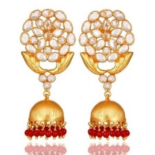 18k Gold Plated 925 Sterling Silver Red Coral Beads Jhumka Earrings
