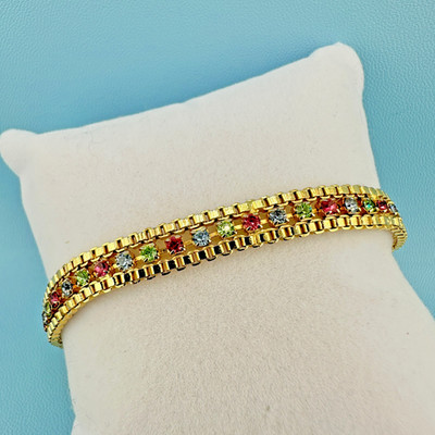 Vintage Rhinestone Bracelet Gold Tone Cup Chain Pastel Color Prong Set Stones 7''