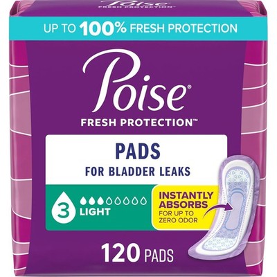 Poise Incontinence Pads, 3 Drop Light Absorbency, Regular Length, 120 Count