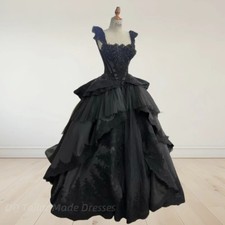 Black Gothic Wedding Dresses Ruffle Satin Lace Applique Sleeveless Vintage Gowns