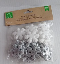 NEW! 20 PC WHITE & SILVER GLITTER FOAM SNOWFLAKE SCATTER FILLER CHRISTMAS DECOR