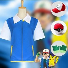 Pokemon Ash Ketchum Cosplay Costume Adults Kids Full Set Top+Hat+Ball+Gloves UK
