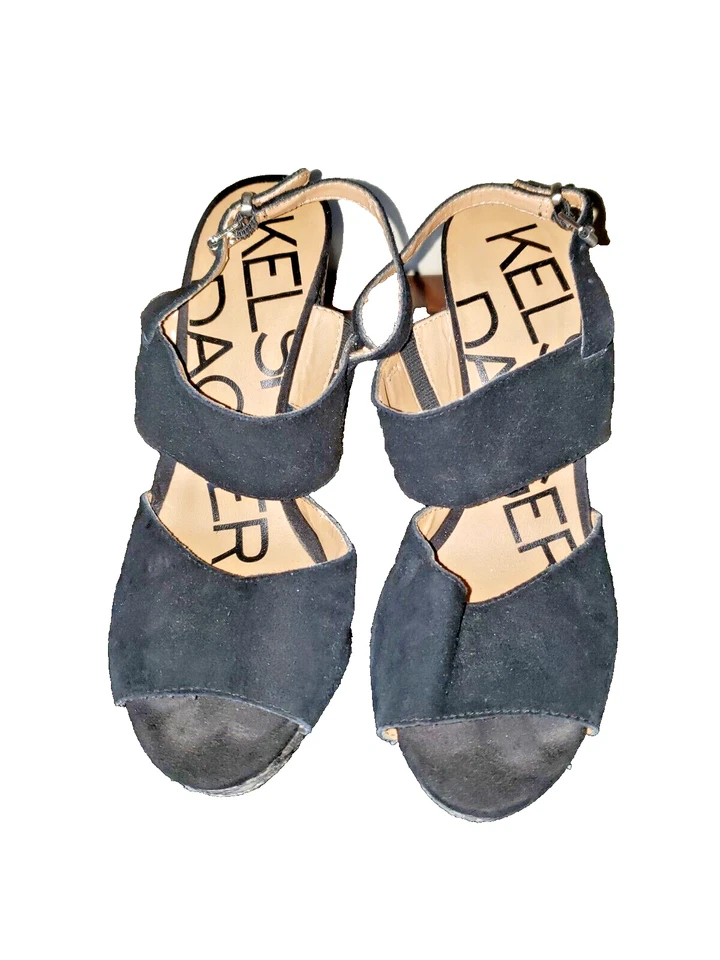 Zapatos de tacón Kelsi Dagger para mujer de cuero negro con correa para el tobillo punta abierta talla 6,5 Foto 2 de 4