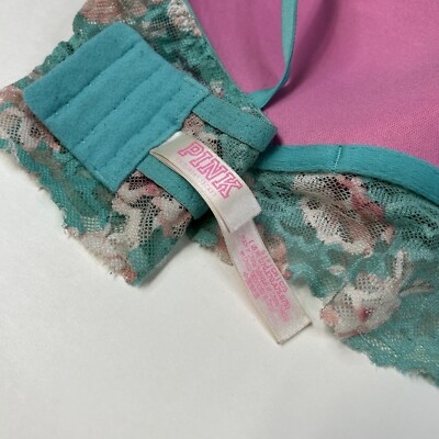 PINK Victorias Secret Small Pushup Bra Bralette Floral Lace Blue