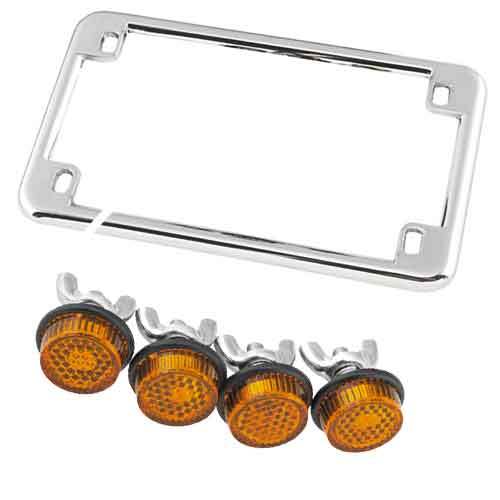 Chrome Motorcycle License Plate Frame & 4 Amber Mini Reflectors Kit