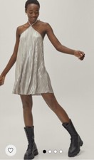 Nasty Gal Metallic Plisse Halter neck Mini Dress In Gold. BNWT UK 10.RRP £49